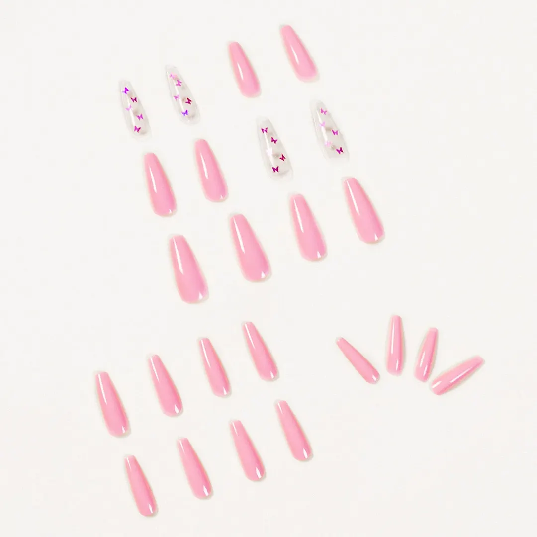 24pcs Pink Butterfly Pattern Fake Nails Full cover Fake Nails Glue DIY Manicure Nail Art Tools-Nail Inspo