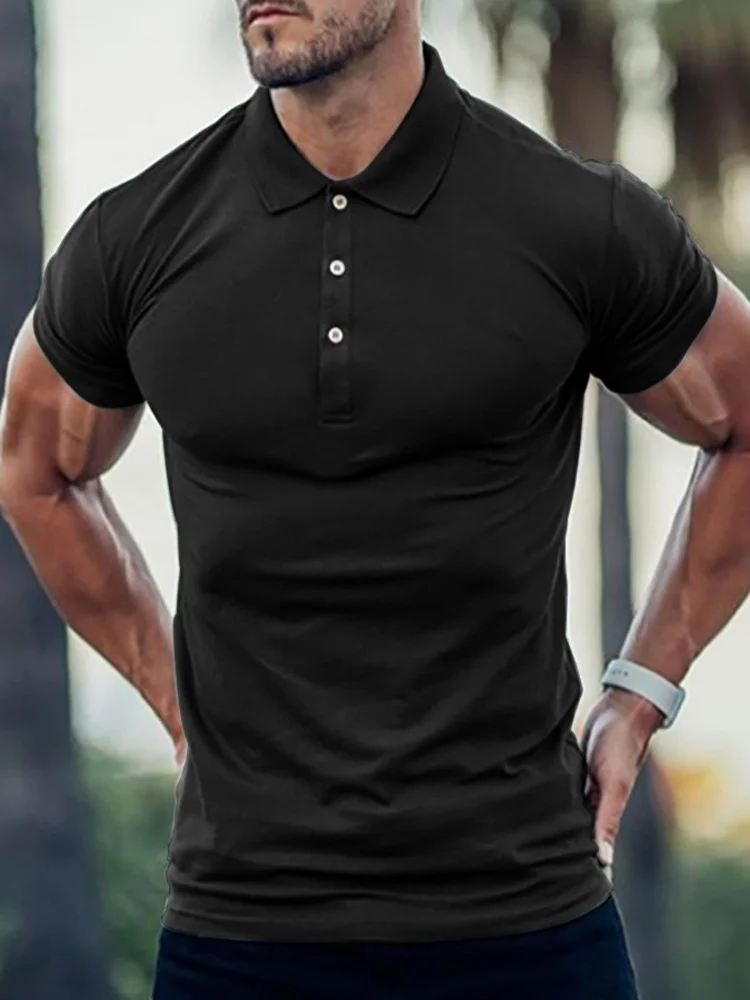 Turn Down Collar Solid Color Casual Daily Short Sleeve Men's Polo Shirts at Hiphopee