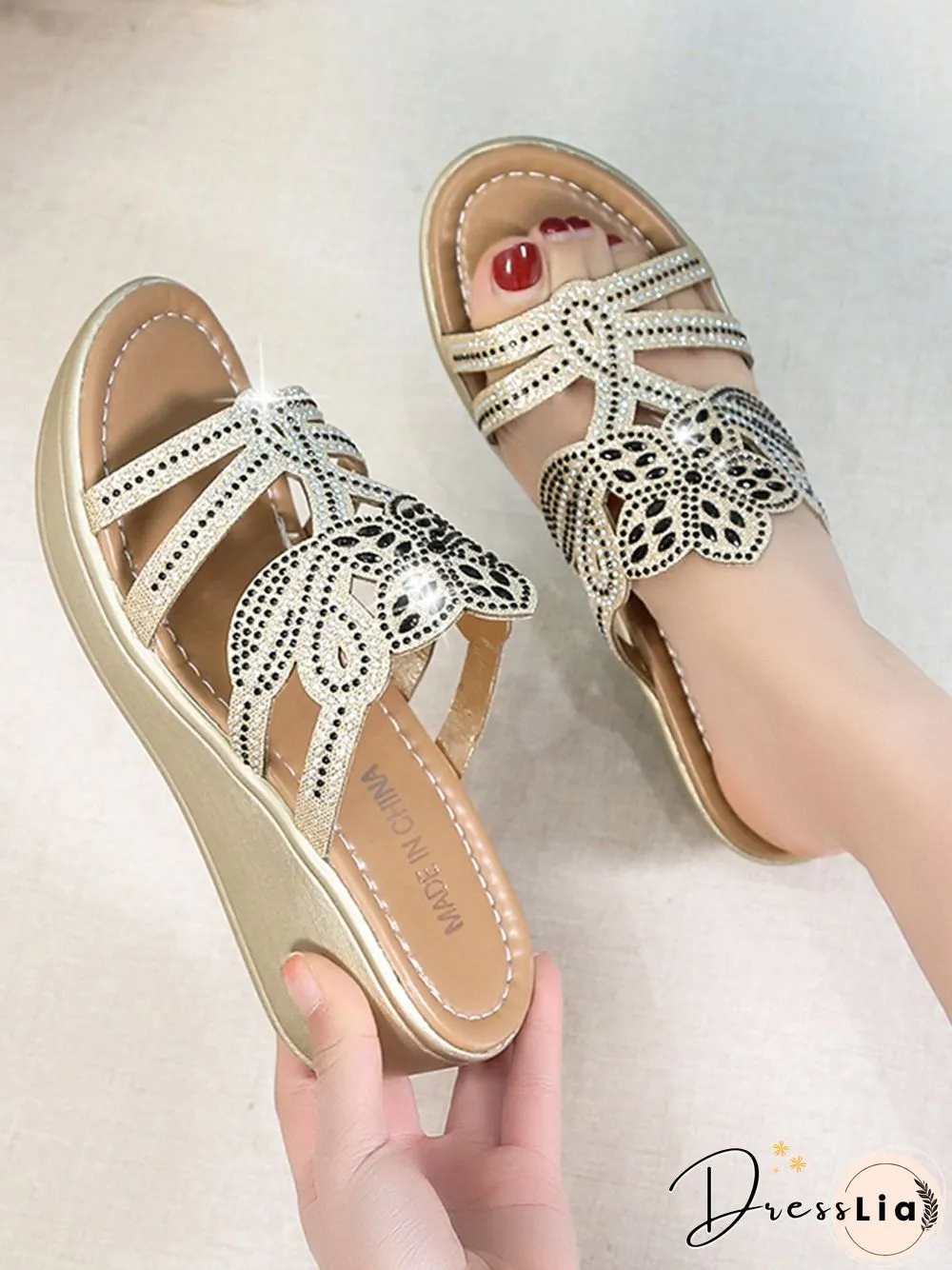 Rhinestone Floral Leaf Cutout Glitter Wedge Slippers