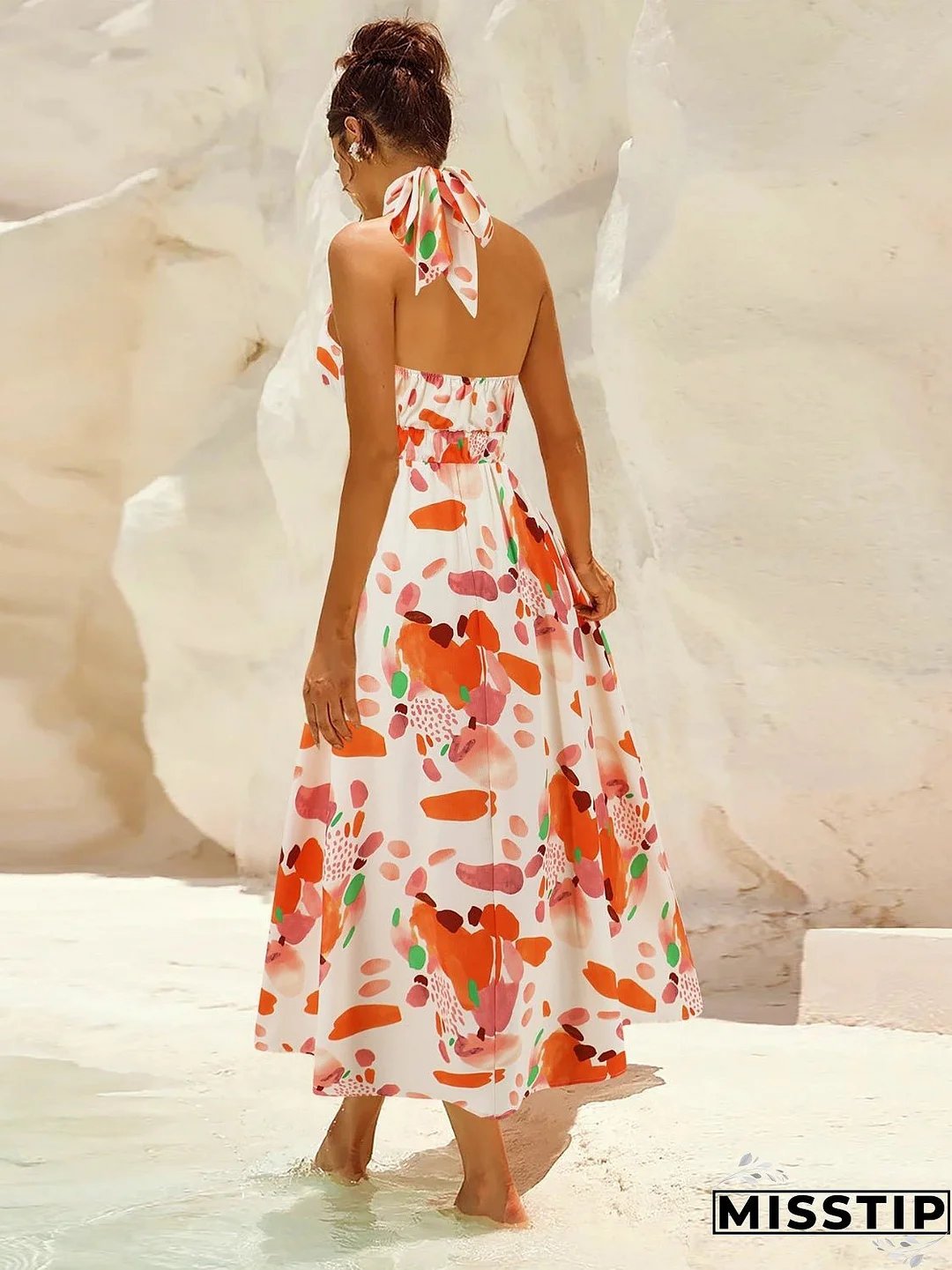 Ruched Printed Halter Neck Sleeveless Dress