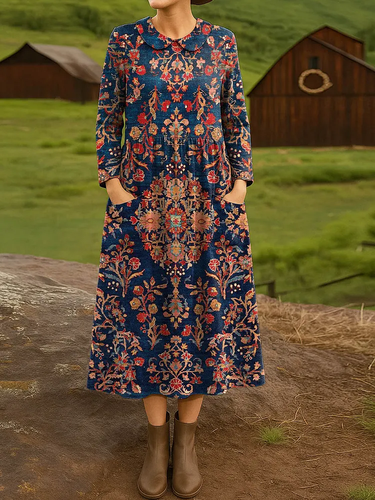 Women's Vintage Floral Art Print Cotton Lapel Shirt Dress