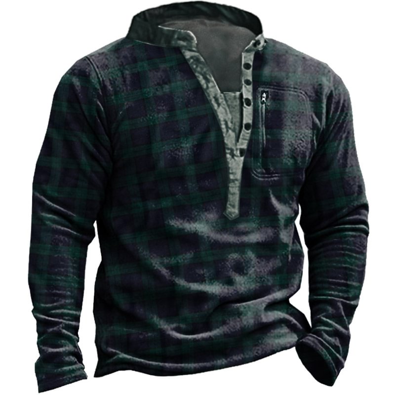 Men's Outdoor Retro Plaid Polar Fleece Henley Collar Sweatshirt-Compassnice®