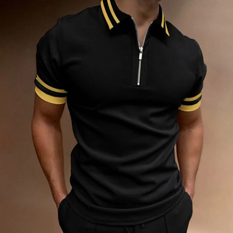 Business Casual Striped Patchwork Lapel Zipper Short Sleeve Polo T-Shirt