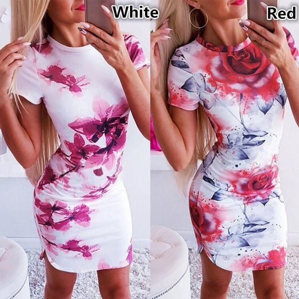 Women Summer O-Neck Floral Print Short Sleeve Party Club Bodycon Mini Dresses - Life is Beautiful for You - SheChoic