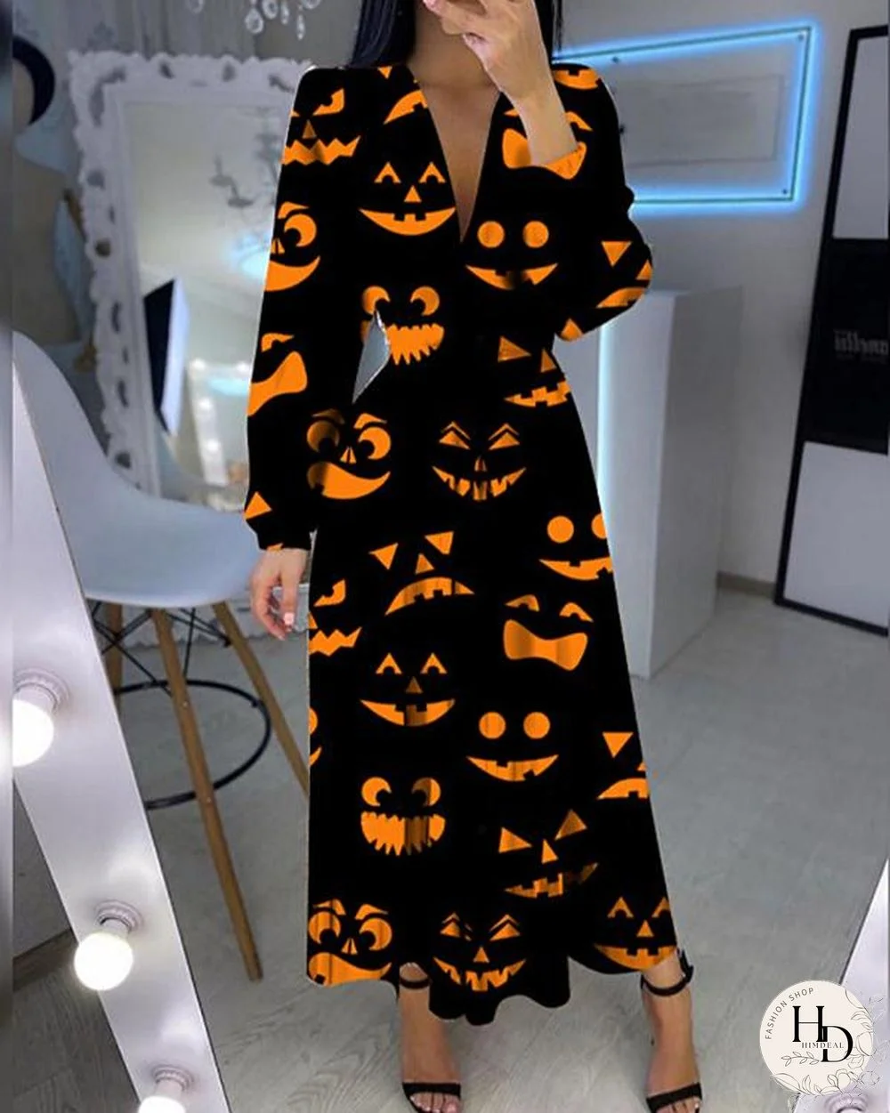 Fashion V-neck Printed Long Sleeve Dress