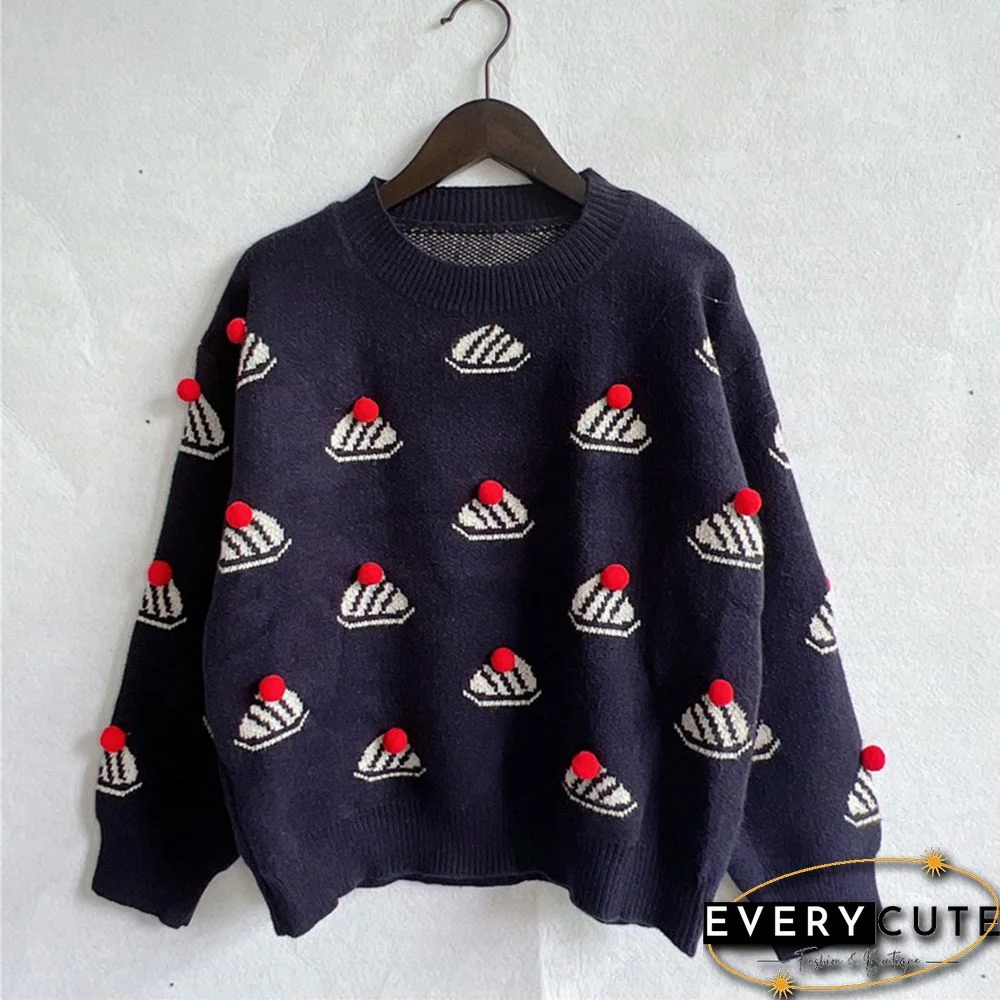 Navy Blue Christmas Hat Print Knit Pullover Sweater