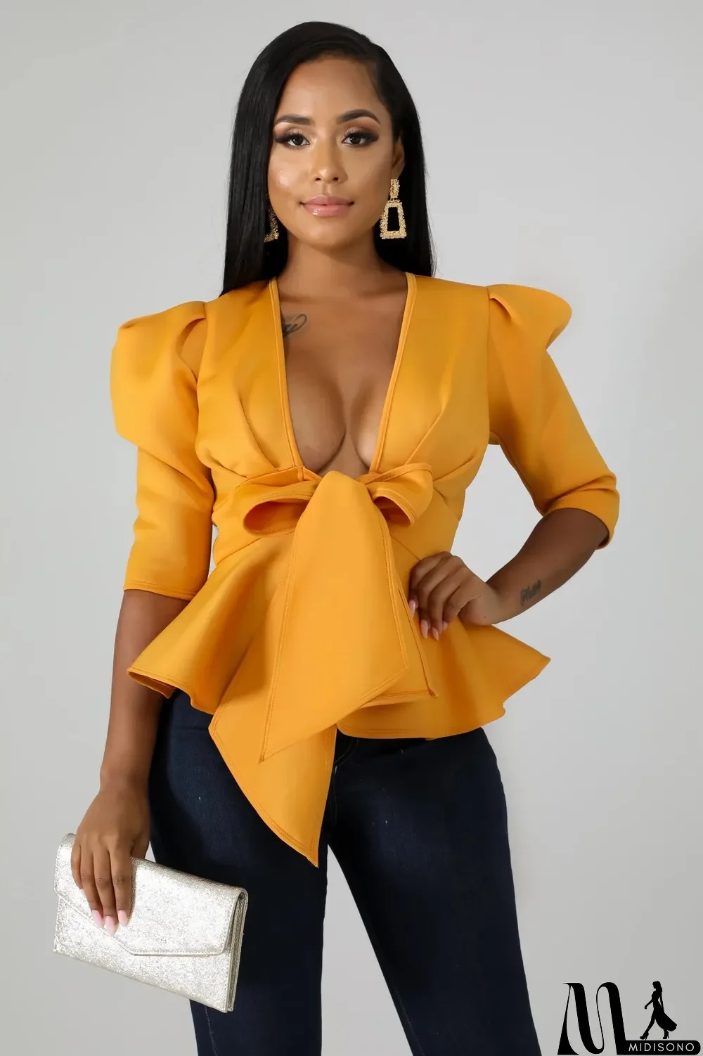 MidiSono - Solid Puff Sleeve Ruffles Bow Tie Peblum Blouse Top