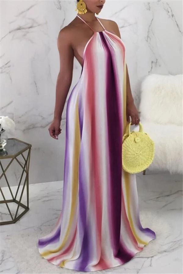 Rainbow Stripe Halter Neck Maxi Dress