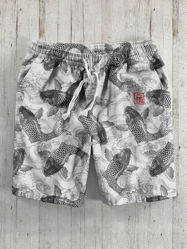 Vintage Fish Japanese Art Graphic Printed Casual Shorts
