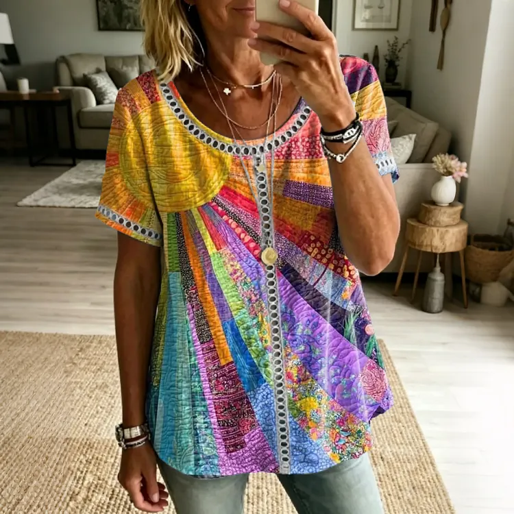 Women's Vintage Sunny Art Print Flowy Linen Blend  Round Neck Linen Tops
