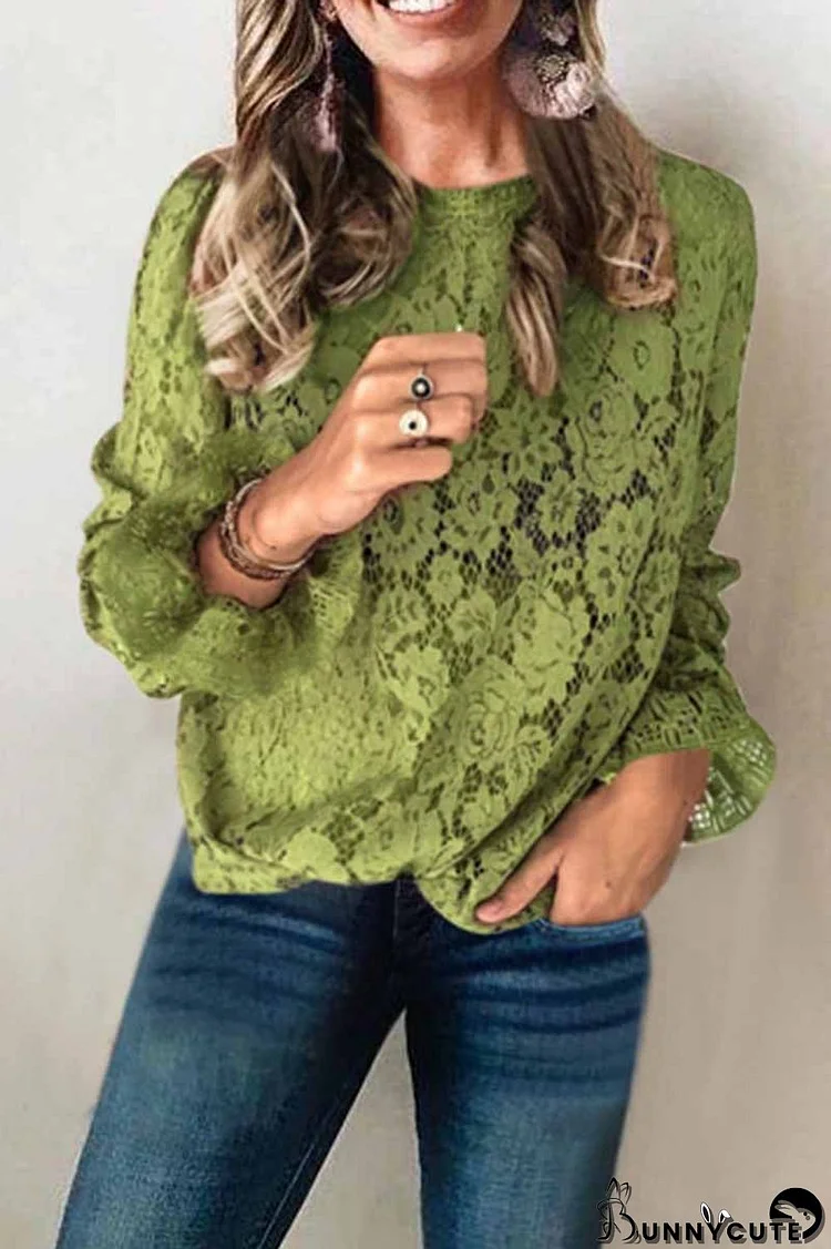 Long Sleeve Openwork Lace Blouse(5 Colors)