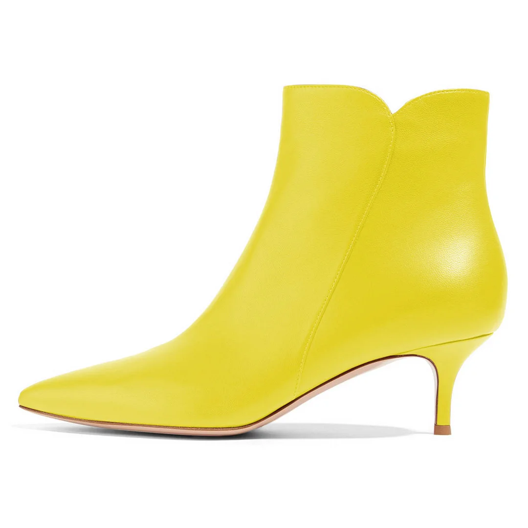 Pointed Toe Faux Leather Kitten Heel Ankle Boots in Bright Yellow