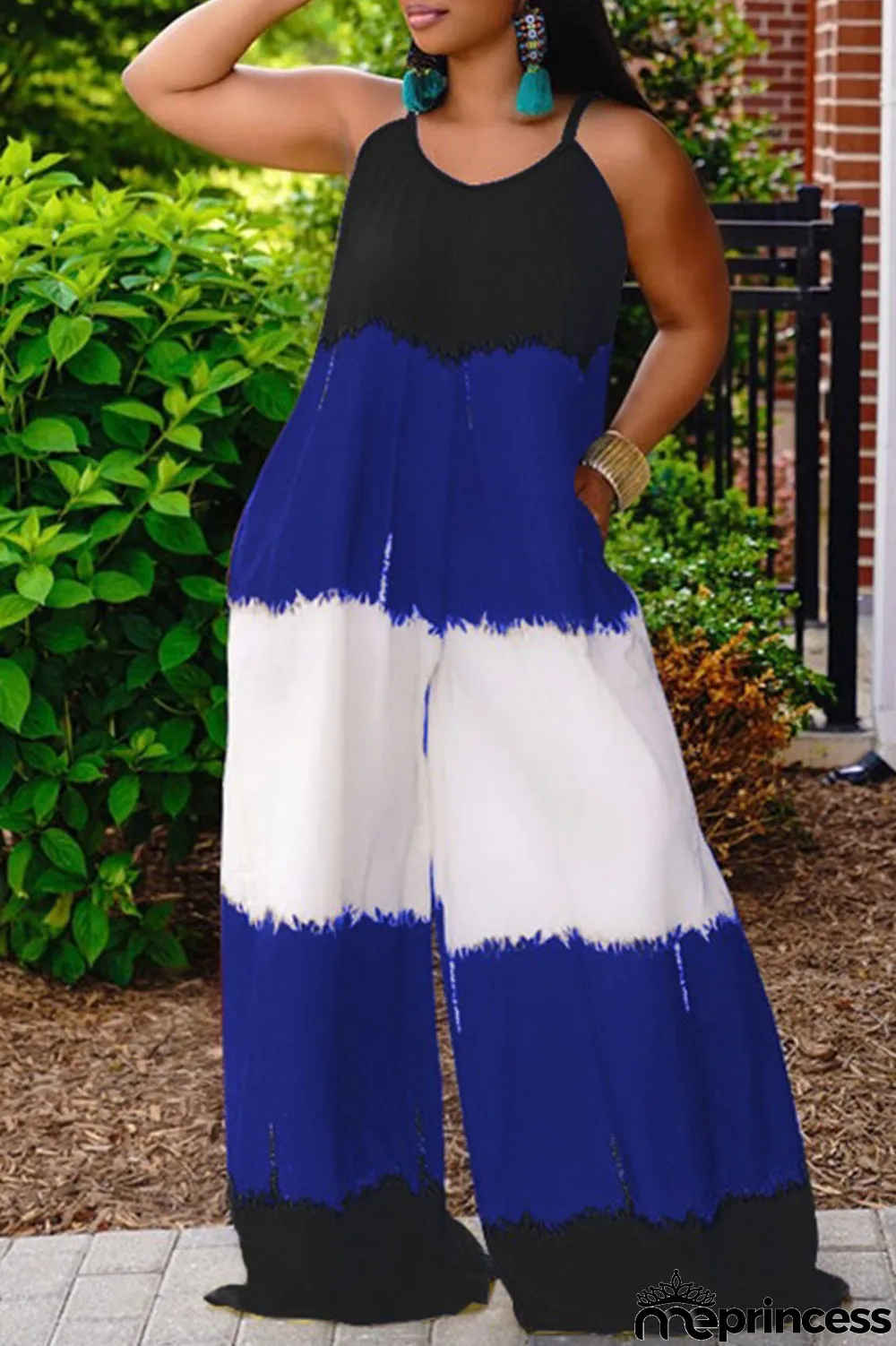 Yellow Casual Print Patchwork Spaghetti Strap Plus Size Jumpsuits