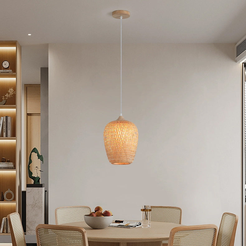 Contemporary Boho Bamboo Weaving Wood Lantern Shape 1/3- Light Pendant Light For Dining Room