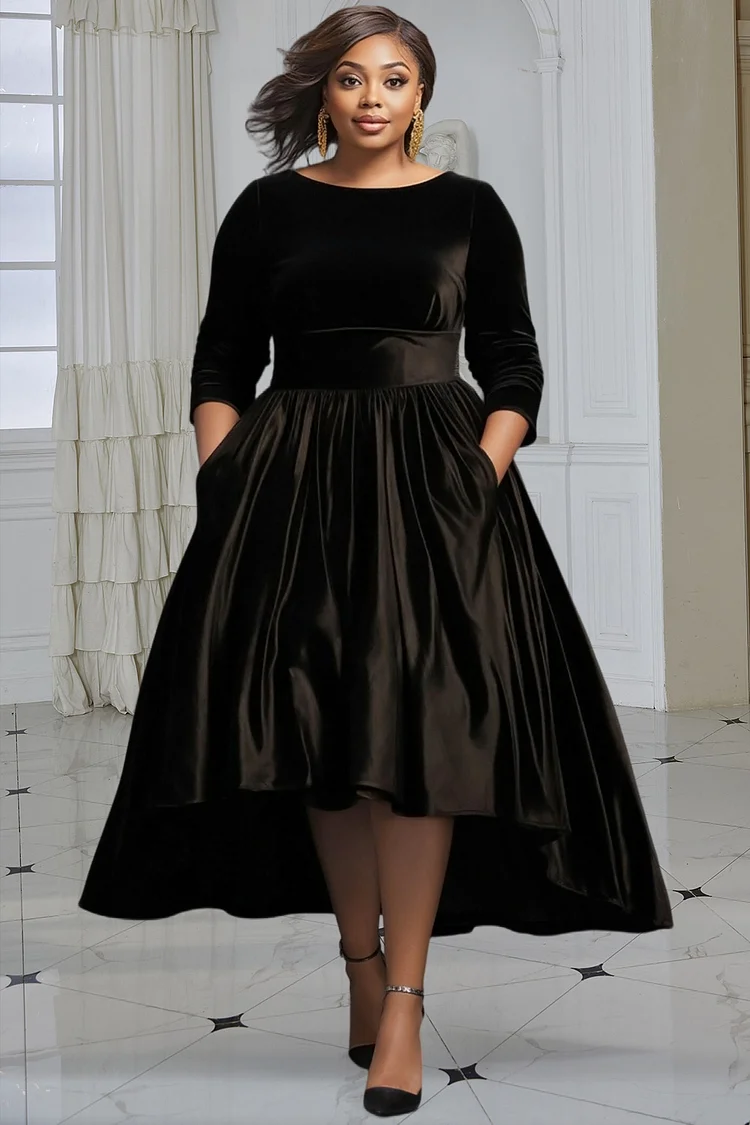 Xpluswear Design Plus Size Formal Black Round Neck Long Sleeve Pocket Vintage Asymmetric Hem Velvet Midi Dresses [Pre-Order] 2024 - Xpluswear