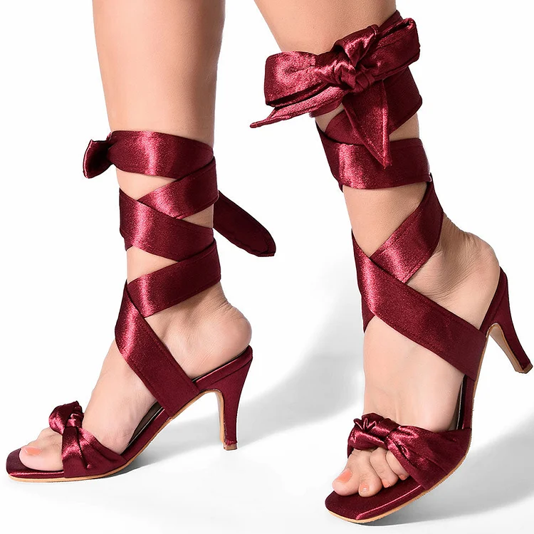 Burgundy Wrapped Kitten Heels Women'S Classic Square Toe Sandal Party Shoes |FSJ Shoes