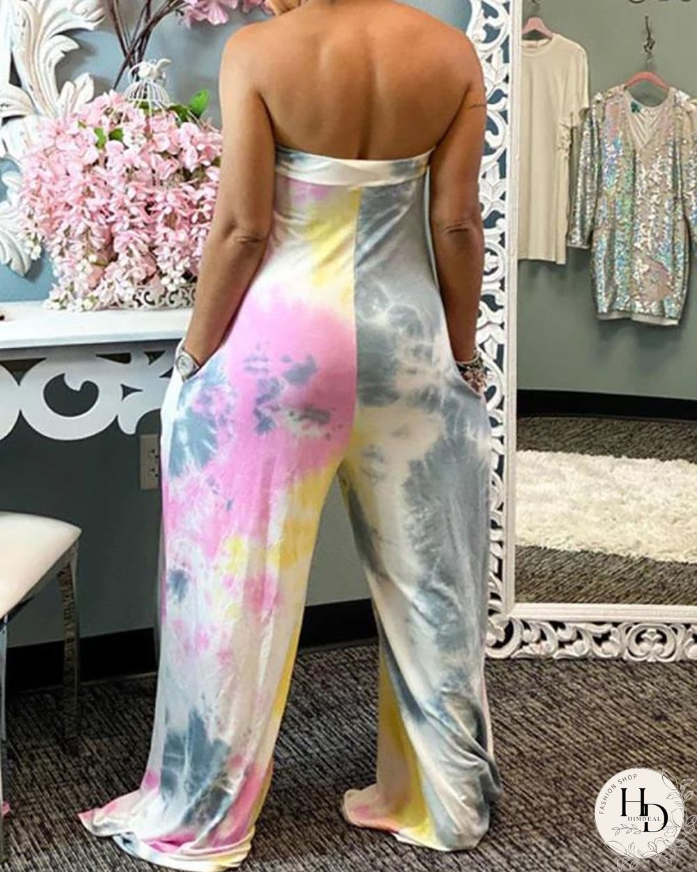 Tie Dye Print Bandeau Ruched Jumpsuit