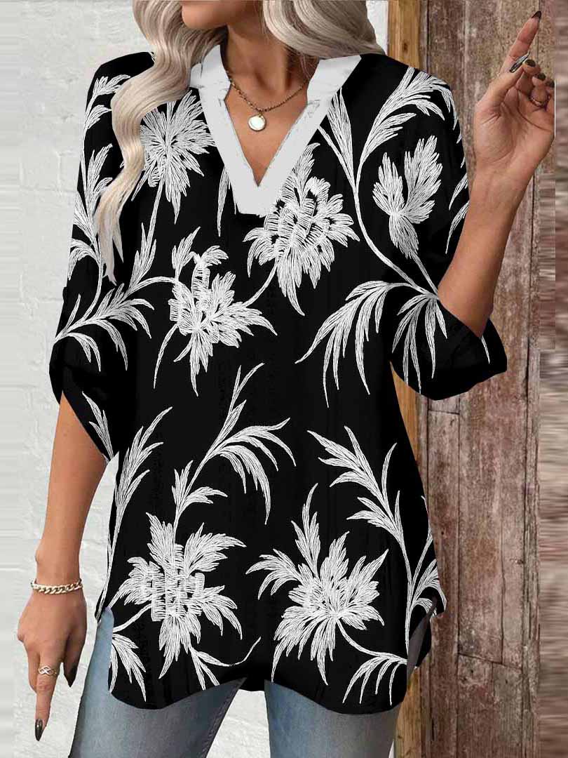 Women Leaves, Black, White DZGA0400 3/4 Sleeve V-neck Printed Graphic Button Tops