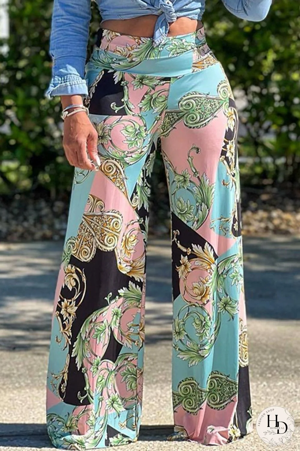 Blue Fashion Casual Print Basic Regular High Waist Trousers