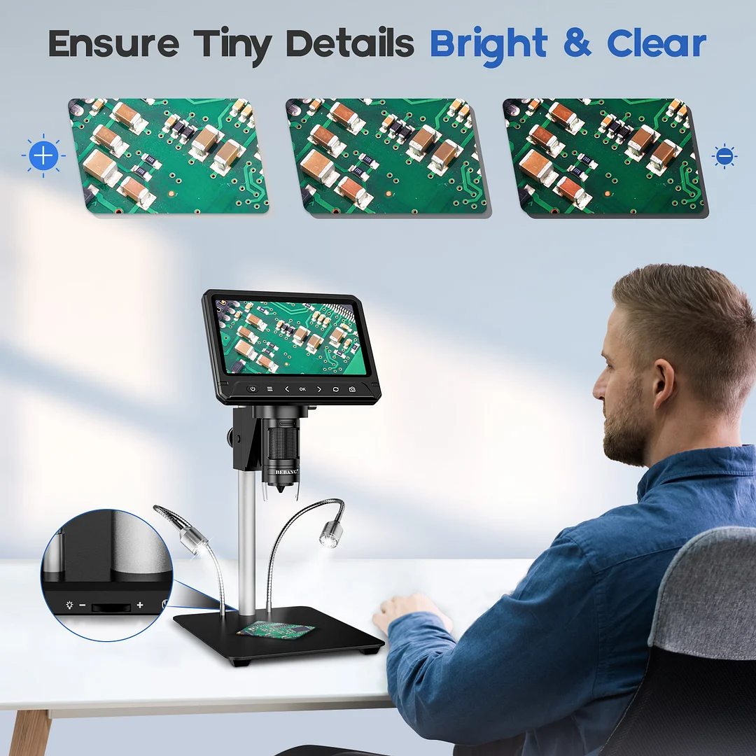 BEBANG 7" Coin Microscope, 1200X LCD Digital Microscope with 8 Adjustable LED Lights, 2 Flexible Side Lights, PC View Compatible with Windows Mac OS, 32GB