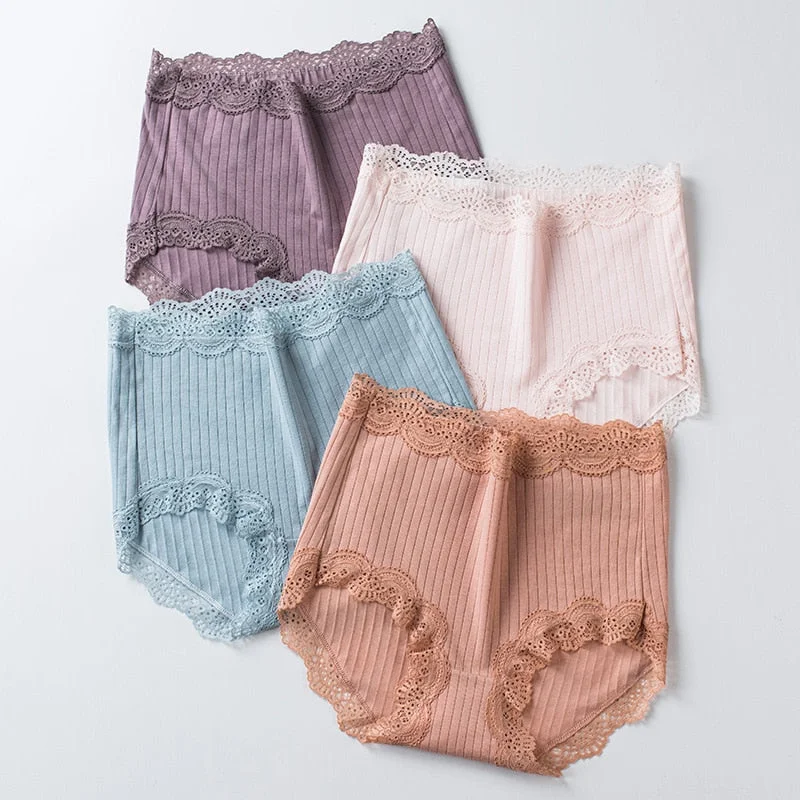 New Women's Cotton Underwear High Waist Sexy Lace Panties Seamless Solid Color Briefs Plus Size Women's Shorts  Female Lingerie