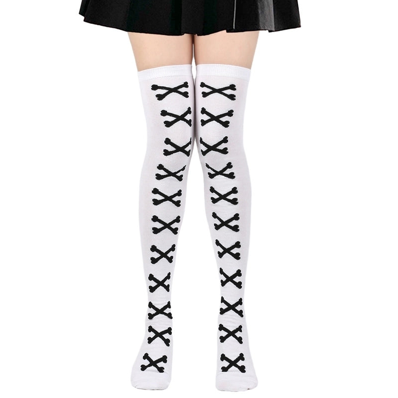 Halloween Retro Women’s Bat Blood Stains Skull Polyester Cotton Over The Knee Socks A Pair