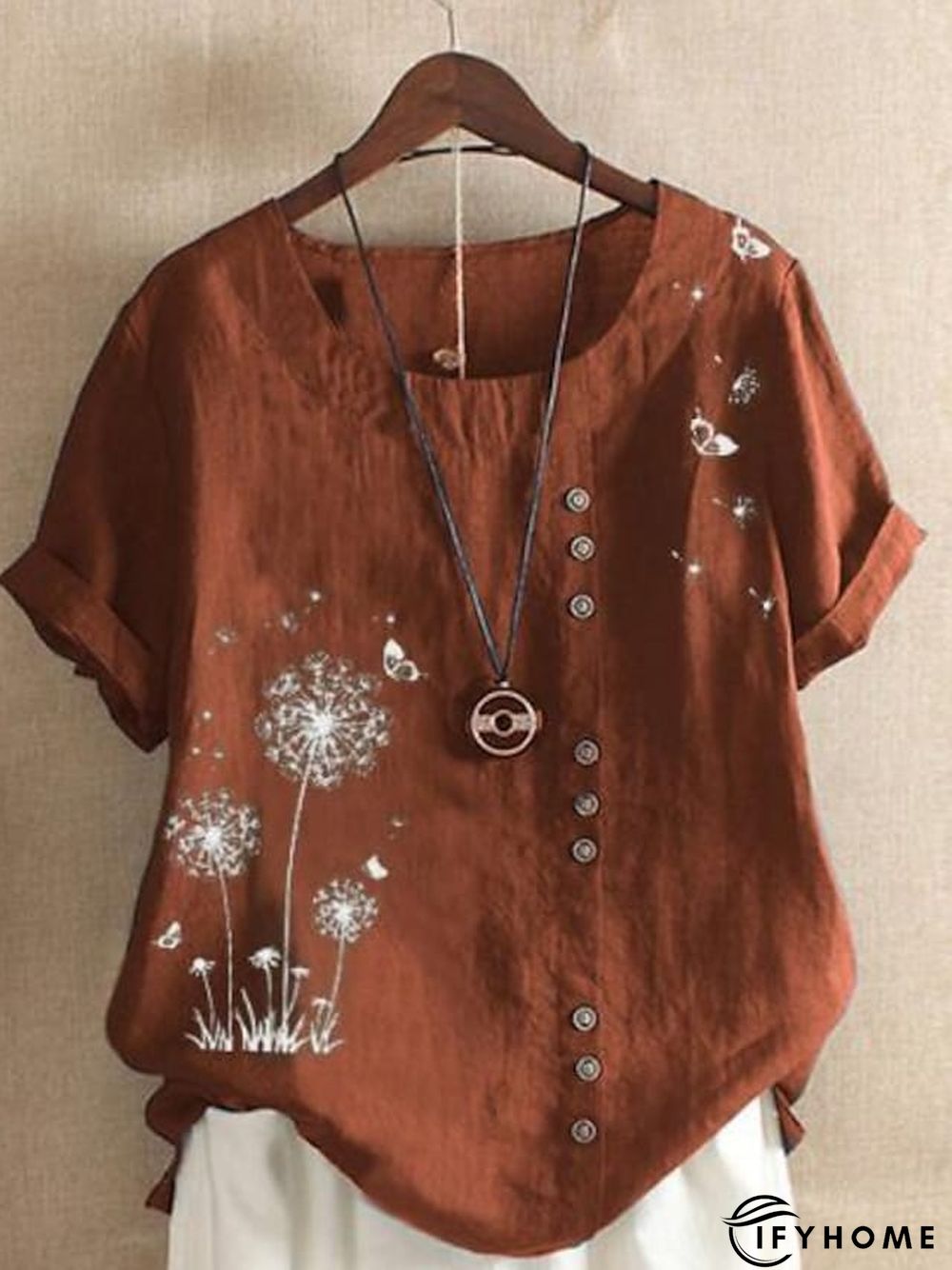 Women's Shirt Blouse Graphic Floral Short Sleeve Date Vacation Daily Casual Crew Neck Cotton Slim L | IFYHOME