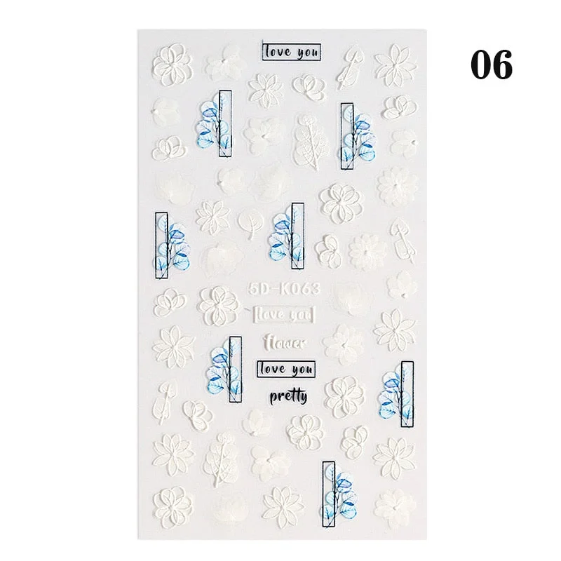 1PC French 5D Nail Sticker Embossed Flower Bubble Pattern Self-Adhesive Slider Wedding Design Nails Decals Nail Art Decoration-Nail Inspo