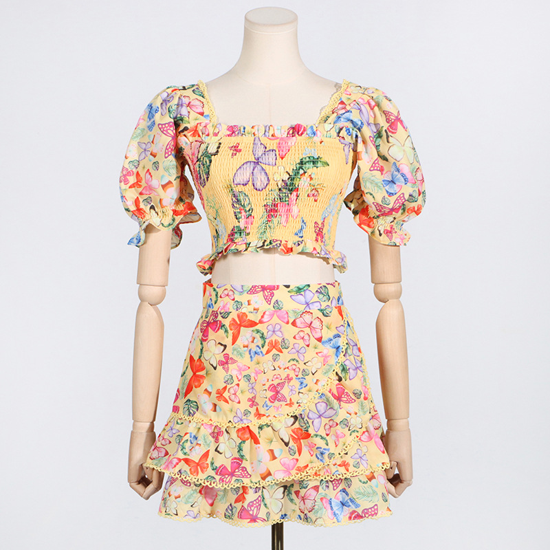 Boho Square Neck Bubble Sleeve Top & Skirt Set