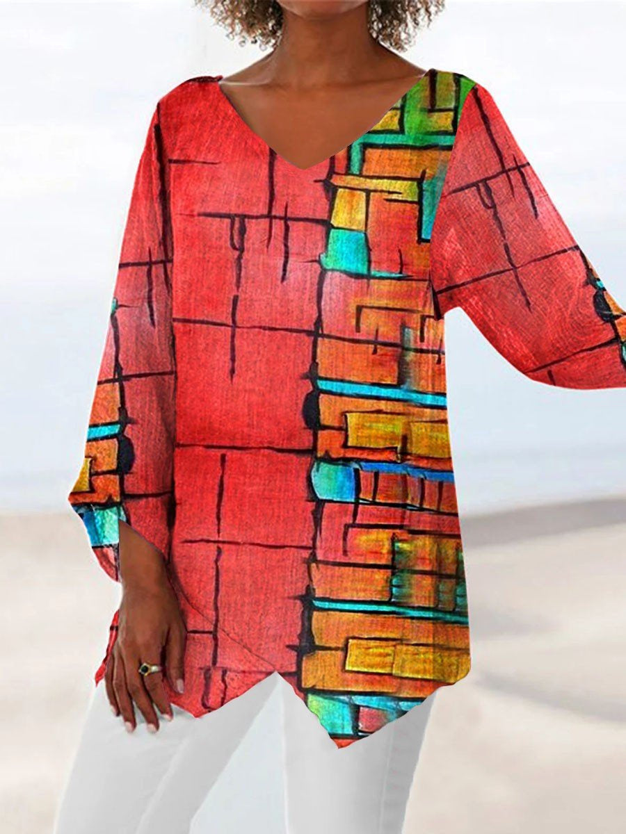 Women Long Sleeve V-neck Graphic Floral Printed Top