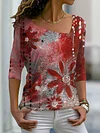 T-shirts for Women Abstract Floral Painting V-neck Long Sleeve Casual Tops