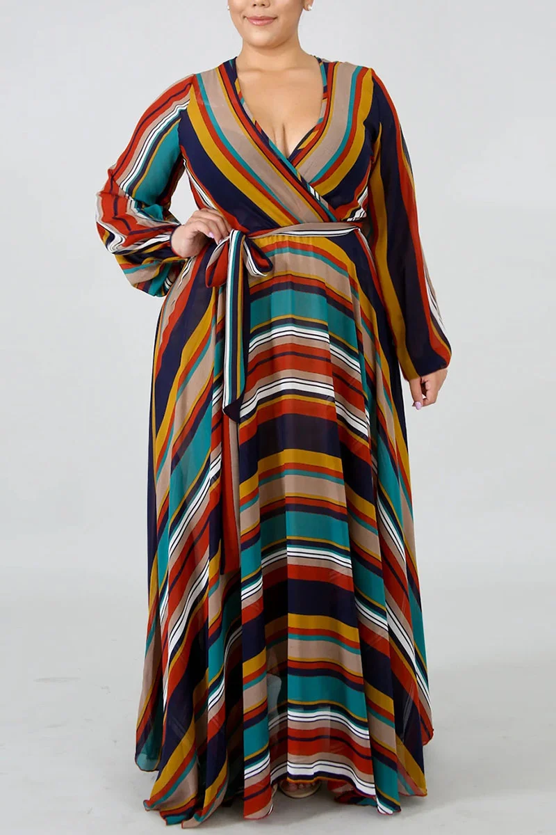 Brown Elegant Print Bandage Patchwork V Neck Printed Dress Dresses | EGEMISS