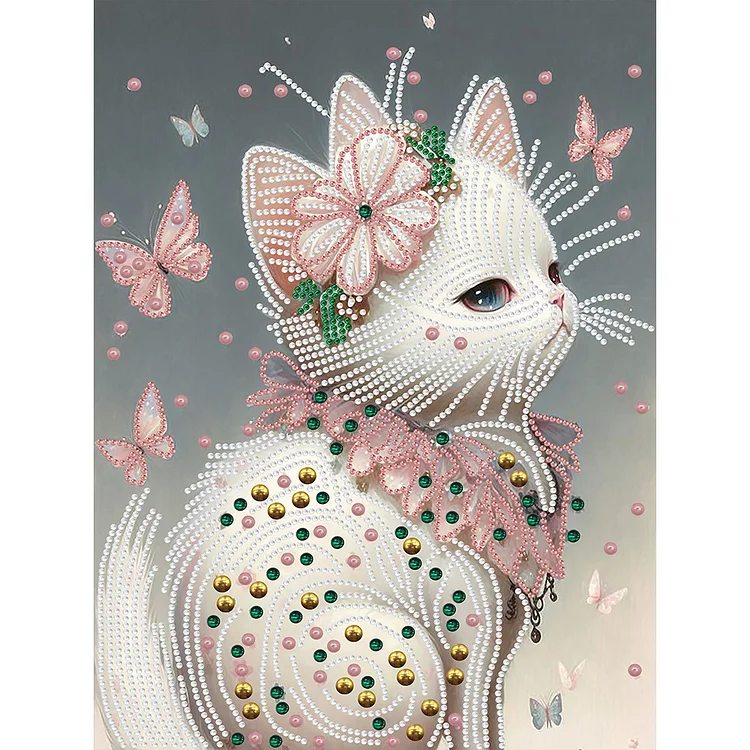 Partial Drills Special-shaped Drill Diamond Painting - White Butterfly Cat  - 30*40cm