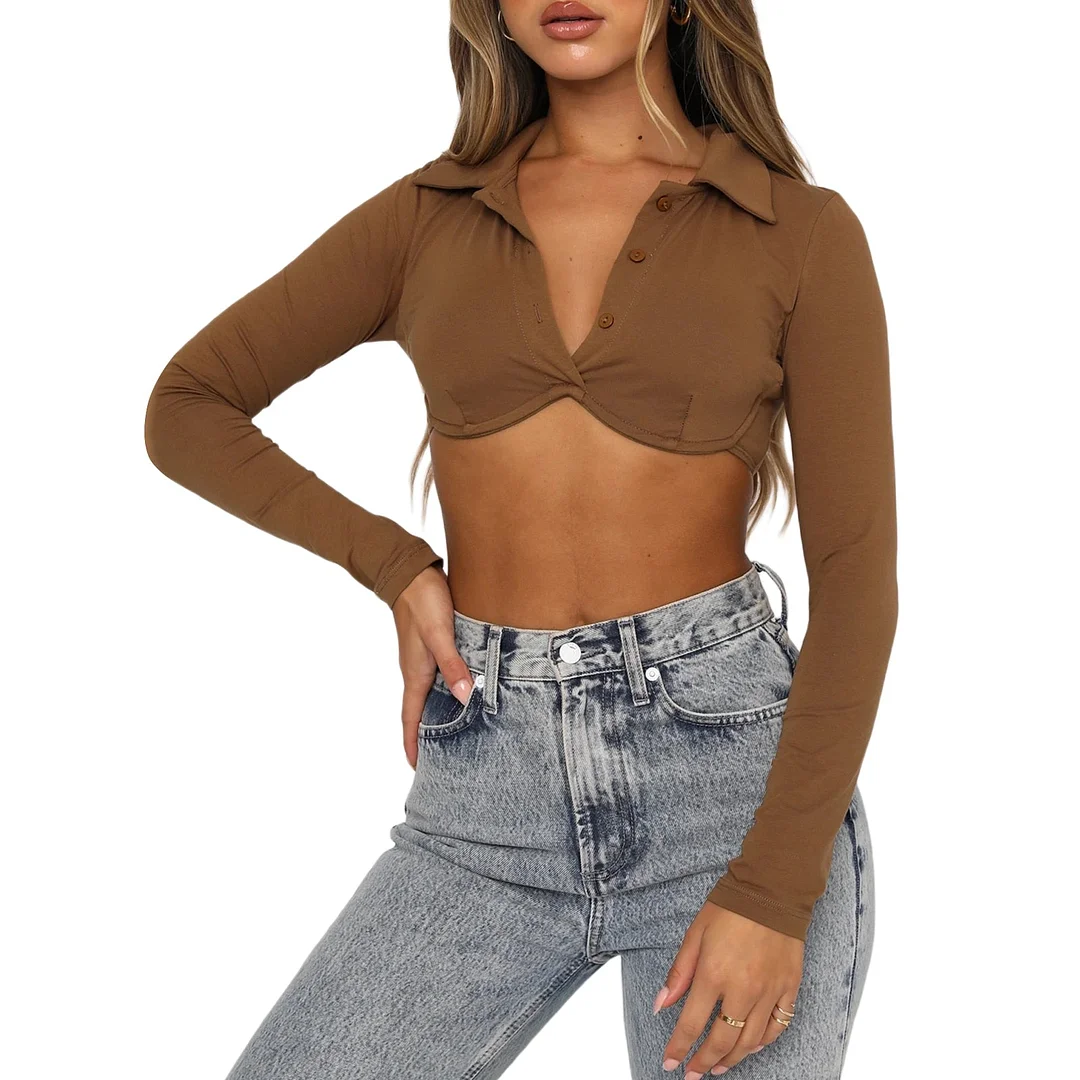 ABEBEY Chic Solid Color Lapel Button down Wrap Tube Tops Autumn Streetwear Women's Long Sleeve Slim Fit T-Shirt Crop Tops