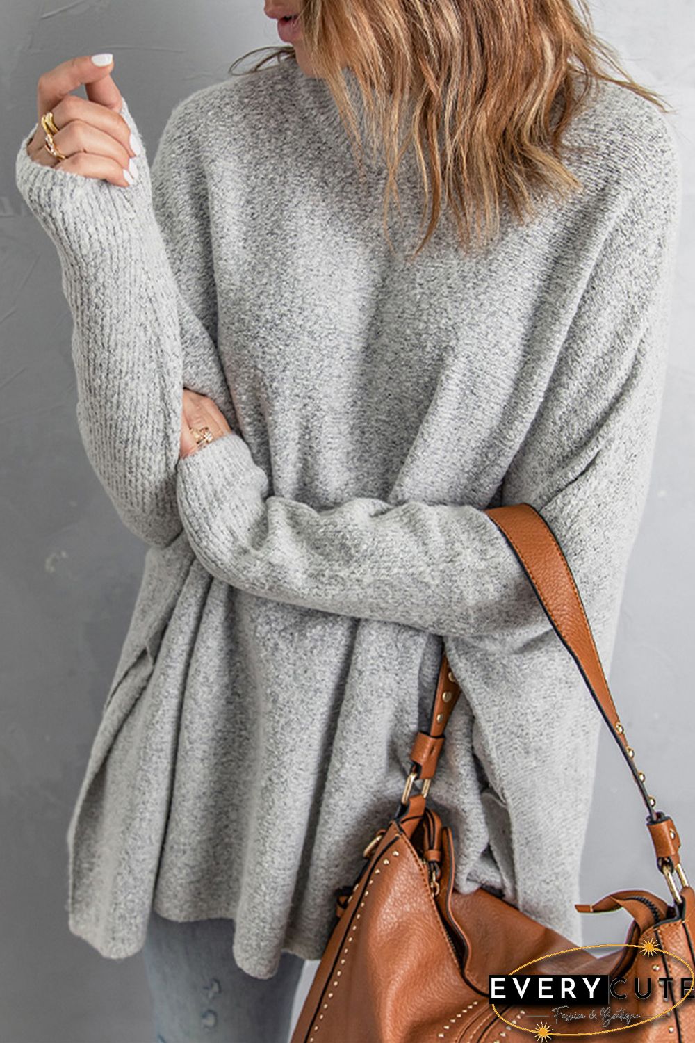 Grey High Neck Oversized Sweater with Slits
