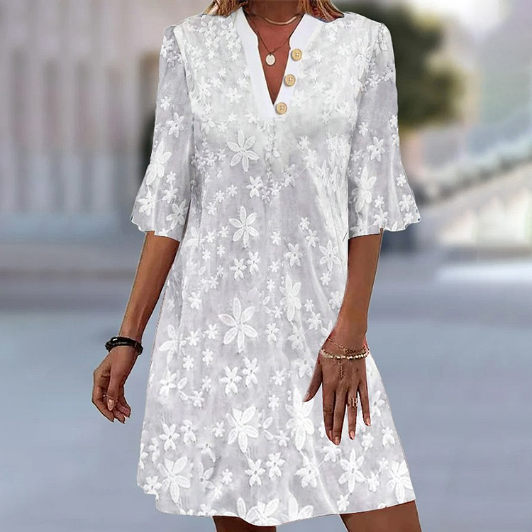 Floral Embroidery Art V-Neck Casual Midi Dress
