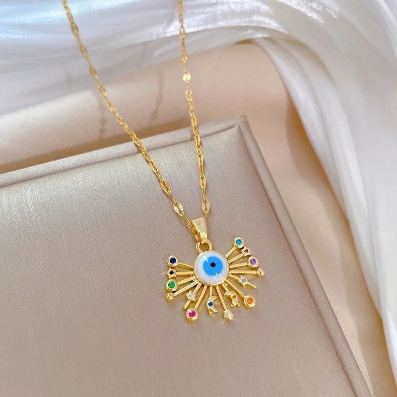 Fashion Devil’S Eye Star Moon Stainless Steel Copper Inlay Rhinestones Pendant Necklace