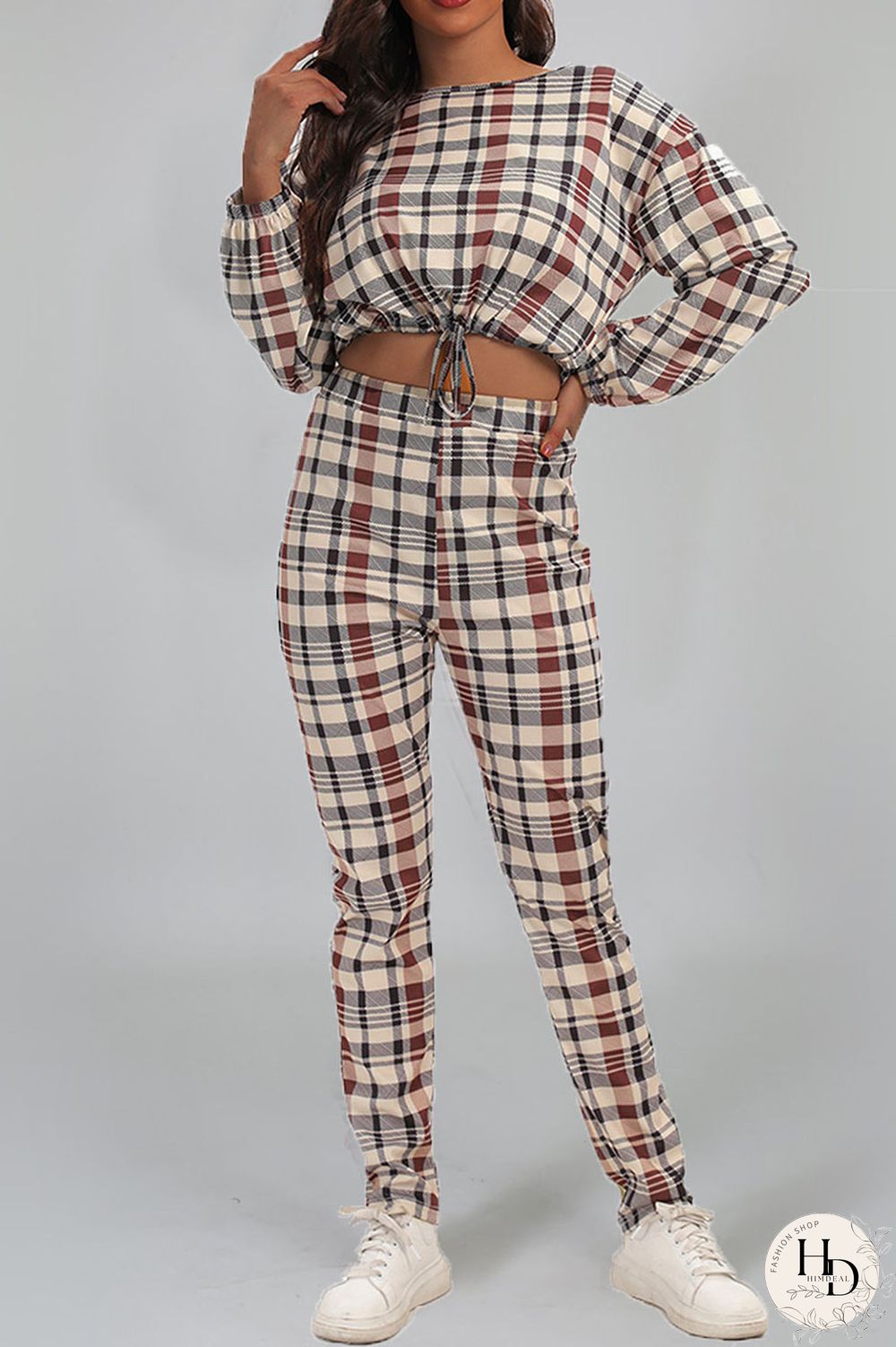 Rose Red Casual Print Split Joint Draw String O Neck Long Sleeve Two Pieces