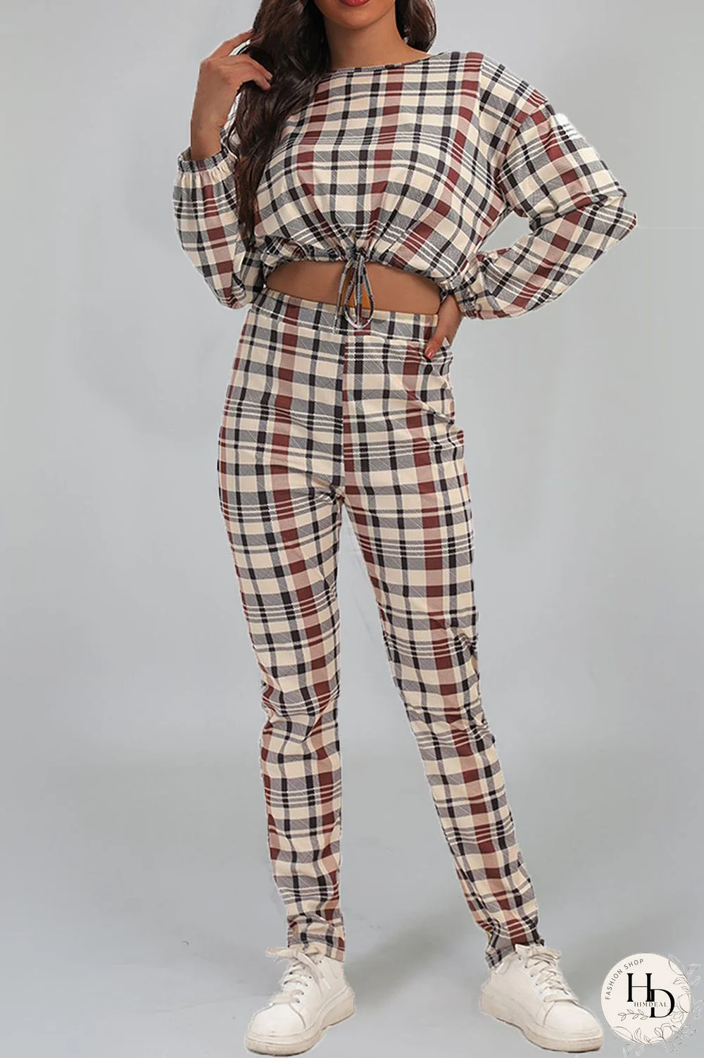 Rose Red Casual Print Split Joint Draw String O Neck Long Sleeve Two Pieces