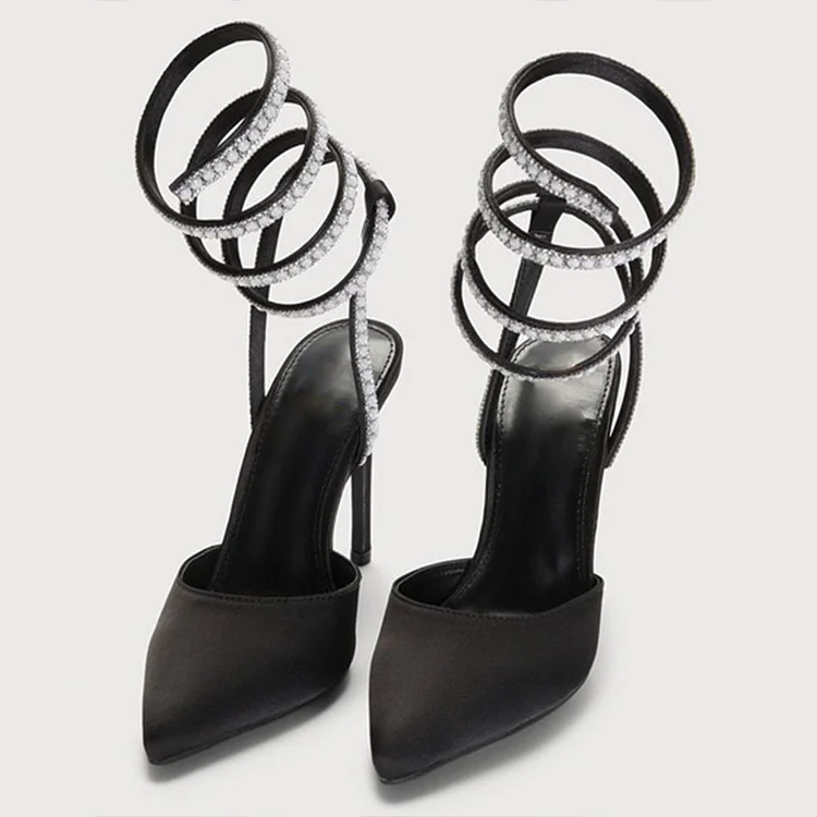 Women'S Black Pointed Vegan Suede Shoes Elegant Stiletto Rhinestones Wrapped Heel Wedding Sexy Pumps |FSJ Shoes