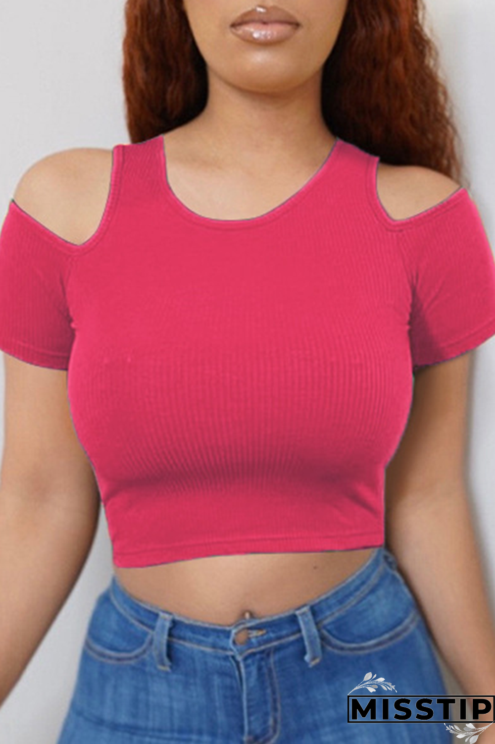 Rose Red Casual Solid Patchwork O Neck T-Shirts