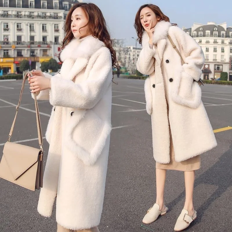 Casual 2021 Fashion Winter New Lamb Fur Imitation Fur Coat Women's Medium And Long Korean Loose Casual White Wool Collar Coat