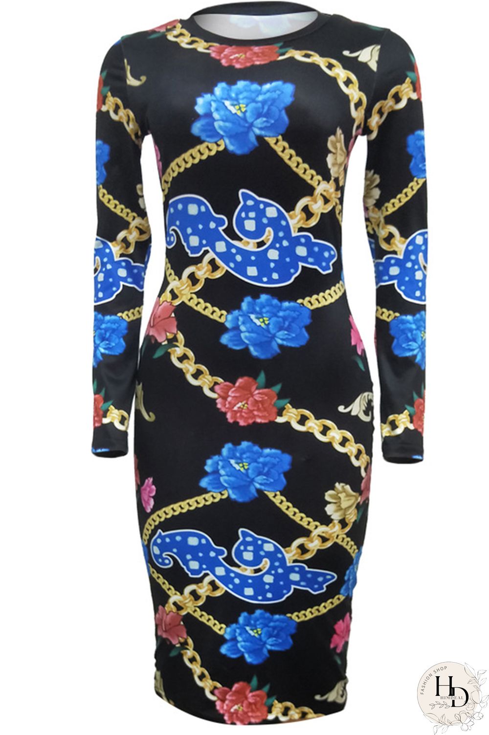 Blue Milk. Europe and America Cap Sleeve Long Sleeves O neck Pencil Dress Mid-Calf Patchwork Print Club