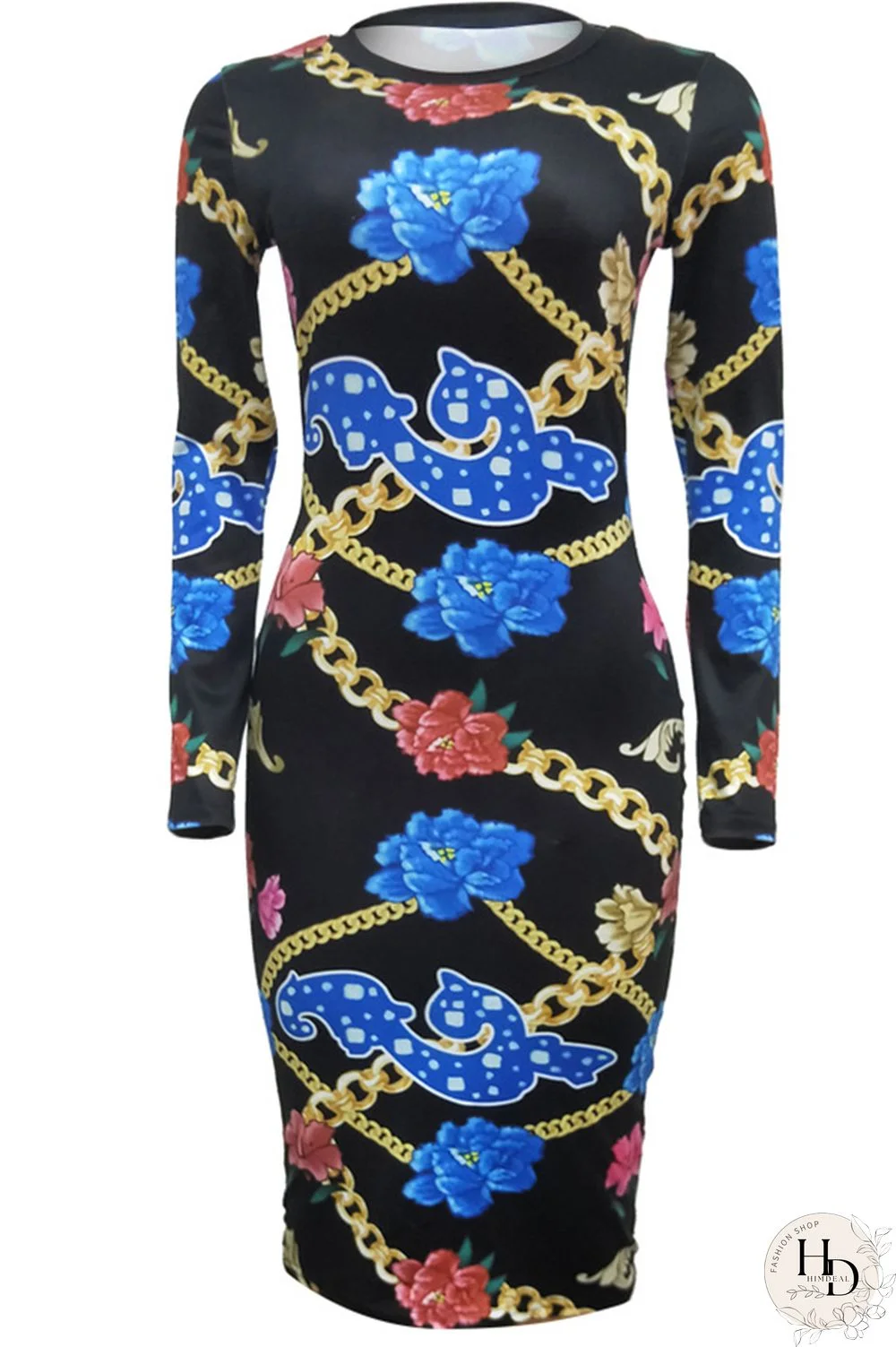 Blue Milk. Europe and America Cap Sleeve Long Sleeves O neck Pencil Dress Mid-Calf Patchwork Print Club