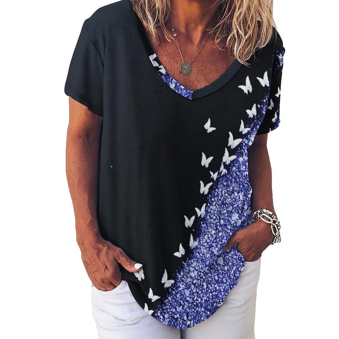 V-neck Short Sleeve Casual T-shirt for  Women Printed with Pattern Purple, Butterfly, Glitter