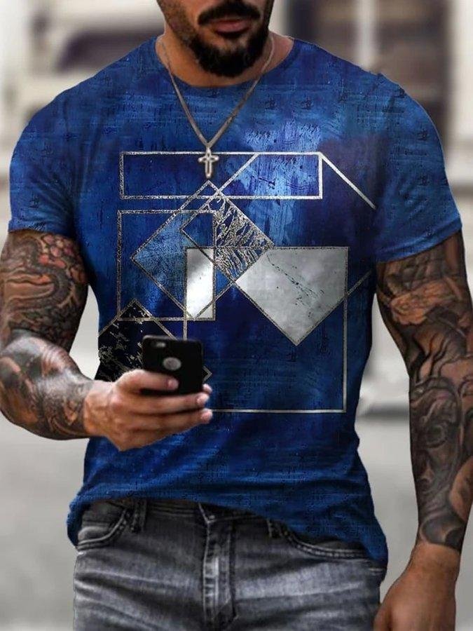 Mens Creative Geometric Navy Colour Art Print Short Sleeve Crew Neck T-Shirt