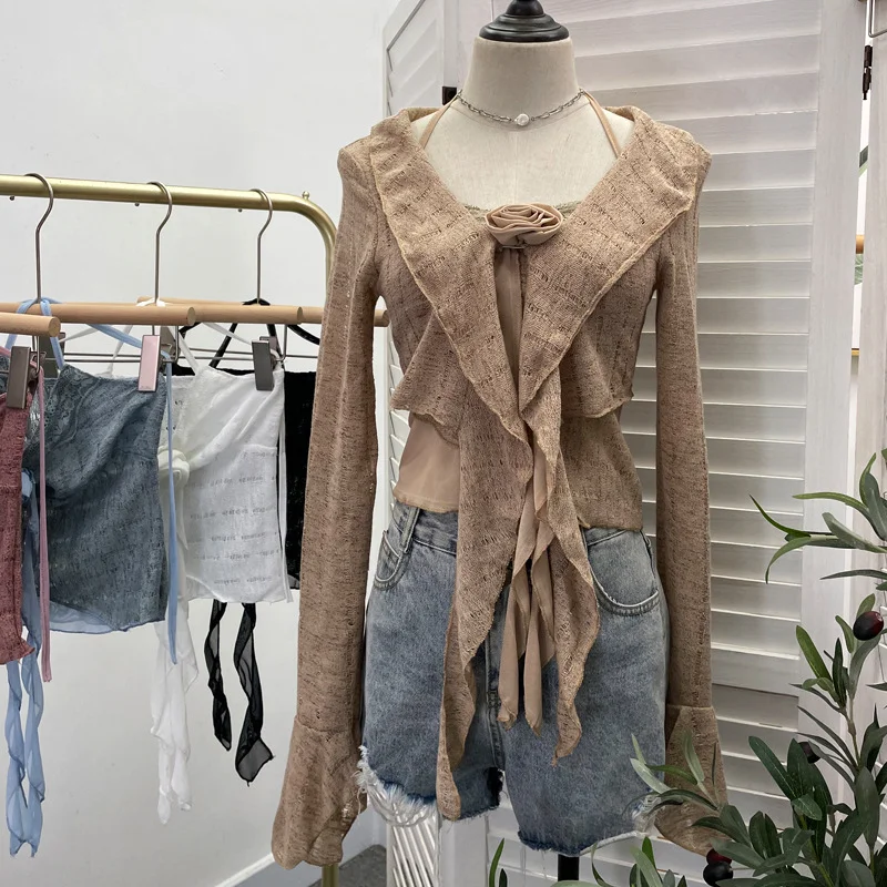 Uveng Real Shooting Pure Lust Style Set Hanging Neck Lace Hollow Sling Sling Vest + Short Lotus Leaf Side Shirt 88968