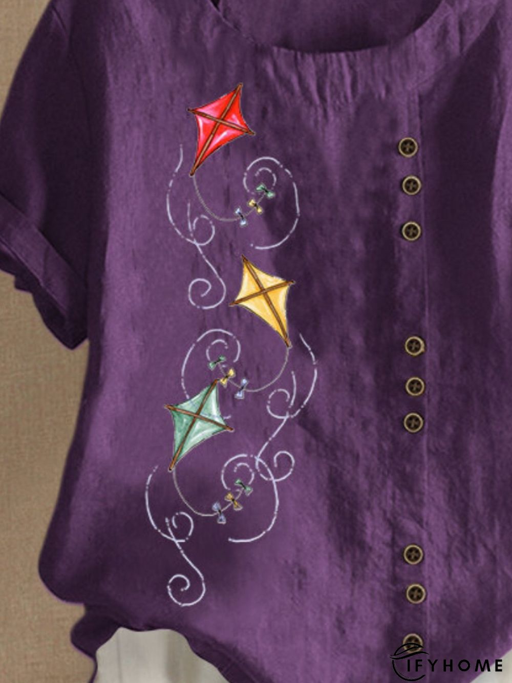 Purple Round Neck Casual Floral-Print T-shirt | IFYHOME