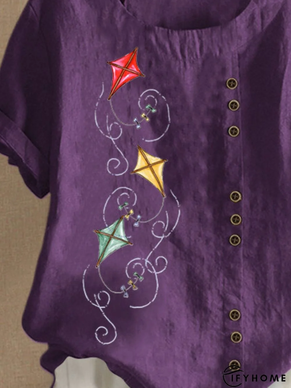 Purple Round Neck Casual Floral-Print T-shirt | IFYHOME