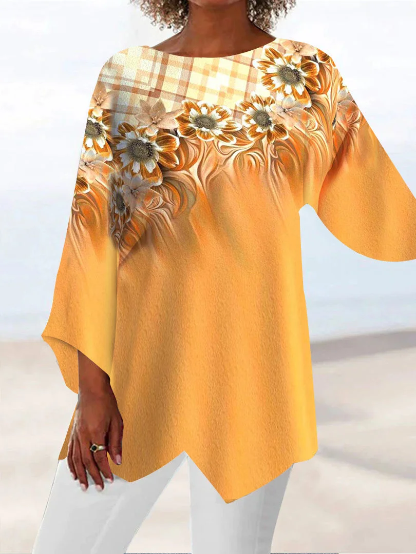 Women plus size clothing Women Asymmetrical 3/4 Sleeve Scoop Neck Printed Stitching Tops-Nordswear